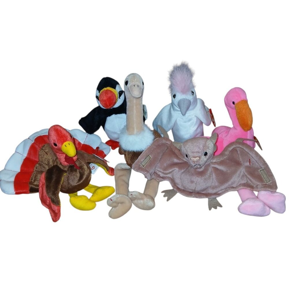 TY Beanie Baby Plush Lot of 6 Turkey Flamingo Bat Soft Beanbag Toy Hang Tags